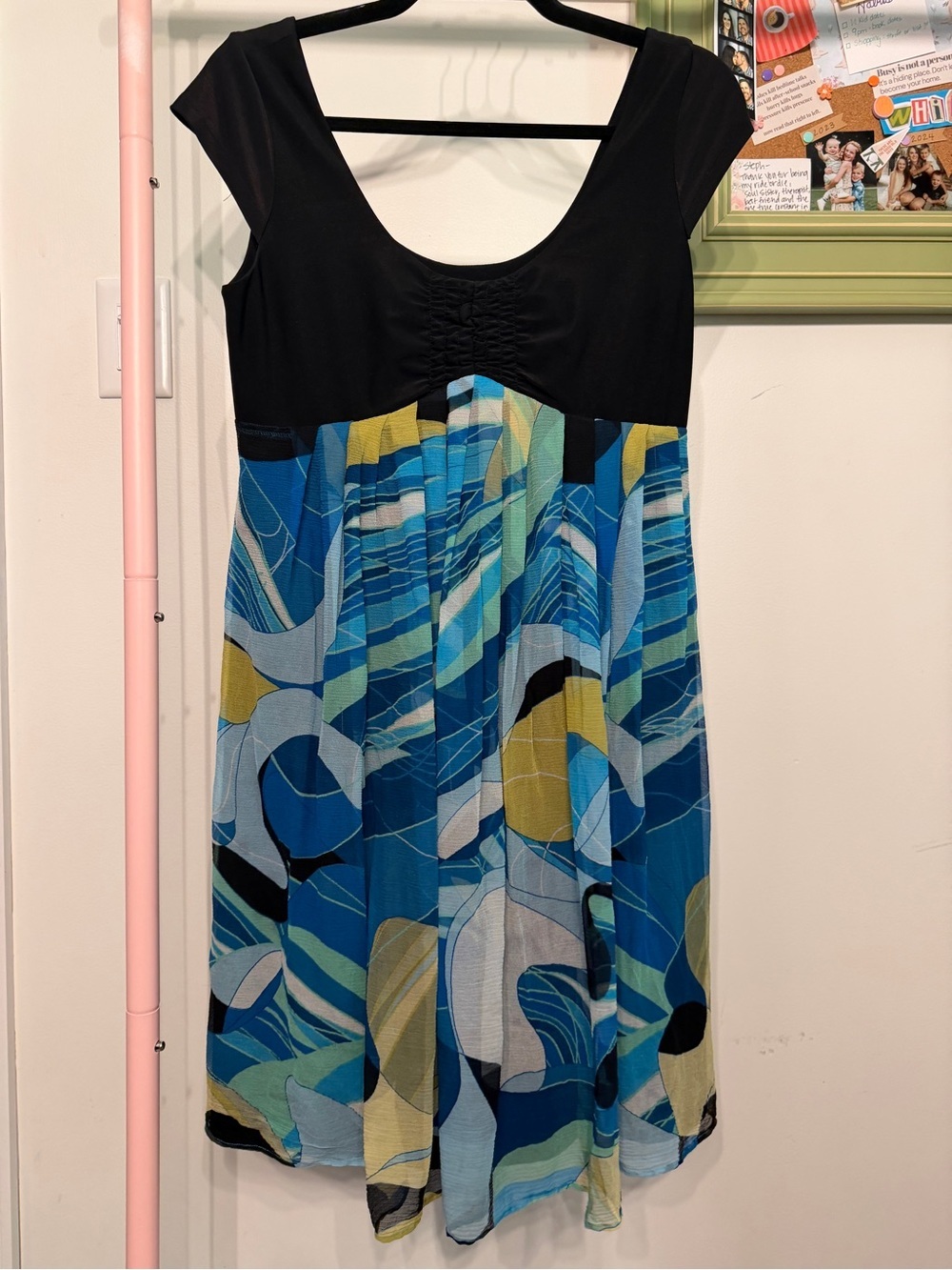 Vintage Y2K Black Green Blue SILK Scoop Neck Babydoll Pinup Twiggy 70s Dress